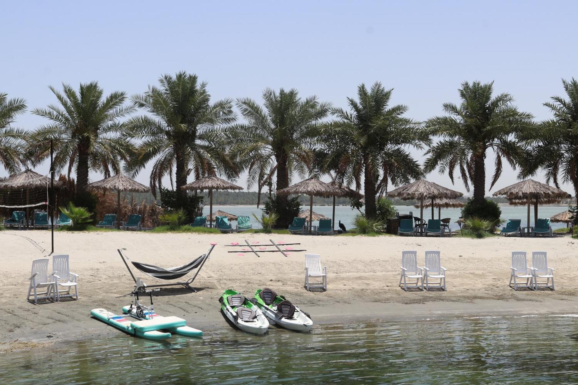 라구나 비치 럭셔리 리조트 앤 스파 마나마 외부 사진 The photo depicts a serene beach scene with several palm trees lining the shore. There are thatched umbrellas providing shade, and a few lounge chairs are positioned on the sand. A hammock is set up between two supports, inviting relaxation. In the f